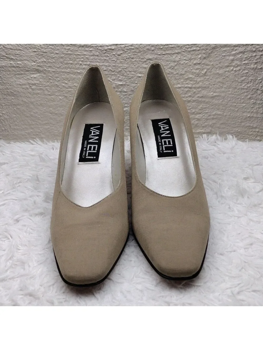 Van Eli Barbette Beige Tan Fabric Square Toe Mid Square Heel Slip On Pump Shoe